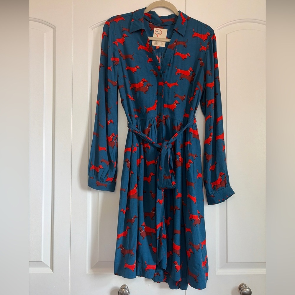 Anthro Dachshund Shirt Dress 33of52 Conversations Blue Dog Print Tie Waist US 8